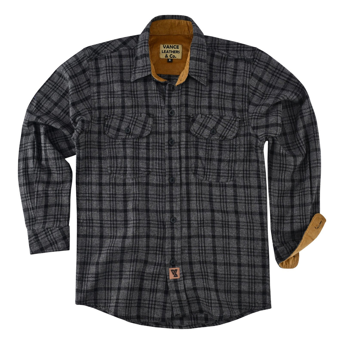 Men's Dark Truffle Long Sleeve Plaid Button Down Casual Flannel Shirt, 100% Cotton, Corduroy Collar & Cuffs
