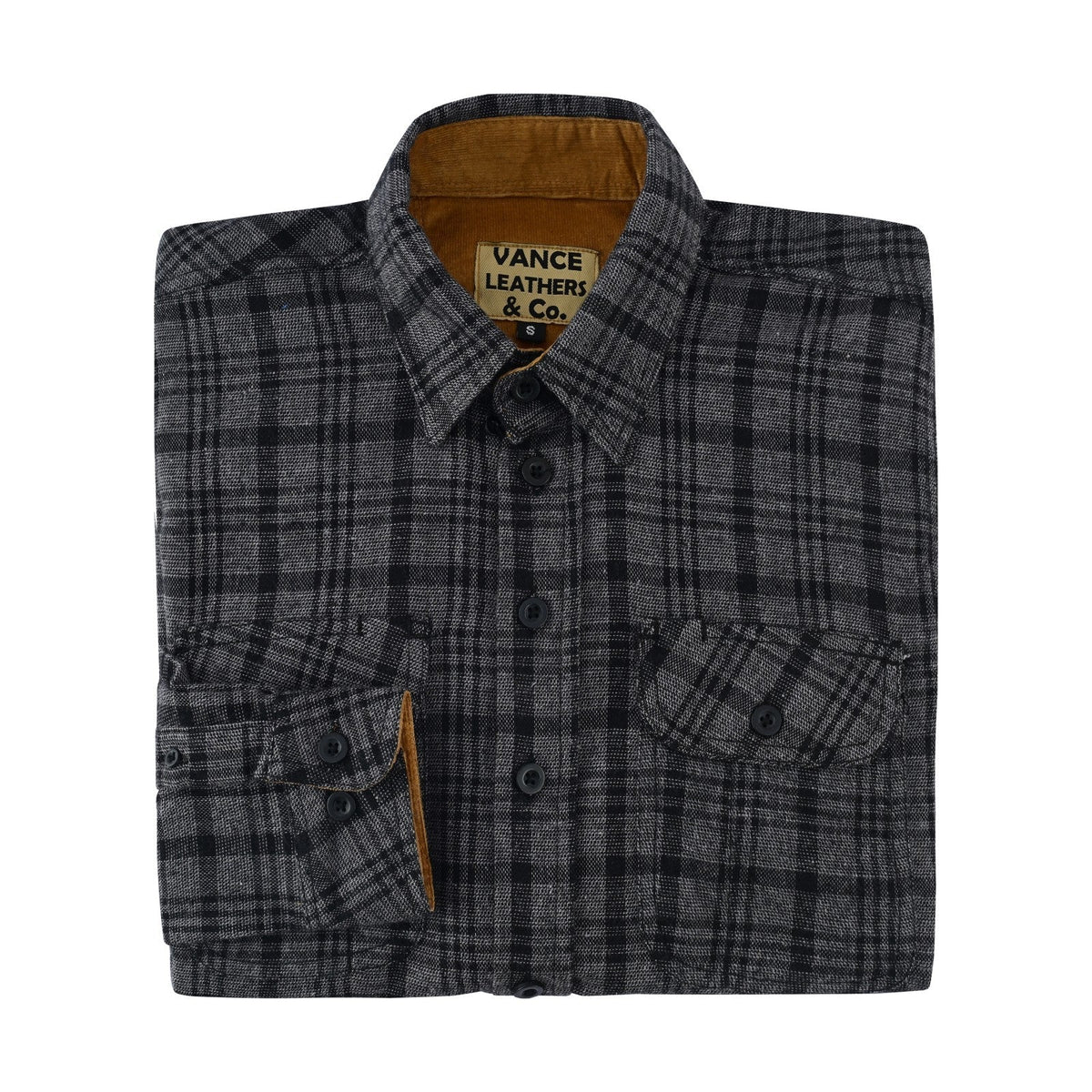 Men's Dark Truffle Long Sleeve Plaid Button Down Casual Flannel Shirt, 100% Cotton, Corduroy Collar & Cuffs