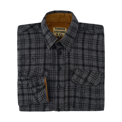 Men's Dark Truffle Long Sleeve Plaid Button Down Casual Flannel Shirt, 100% Cotton, Corduroy Collar & Cuffs