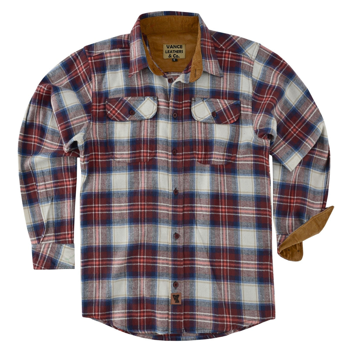 Men's Merlot Long Sleeve Plaid Button Down Casual Flannel Shirt, 100% Cotton, Corduroy Collar & Cuffs