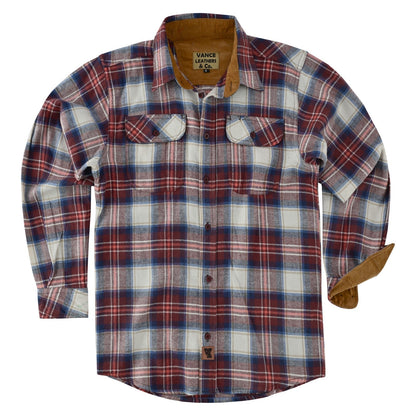 Men's Merlot Long Sleeve Plaid Button Down Casual Flannel Shirt, 100% Cotton, Corduroy Collar & Cuffs