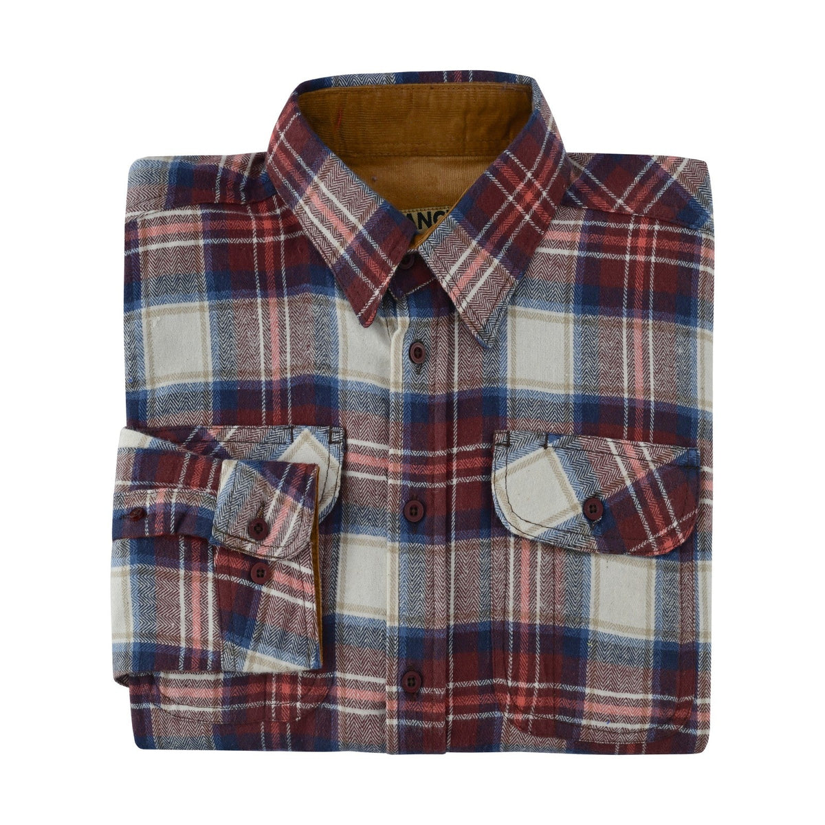 Men's Merlot Long Sleeve Plaid Button Down Casual Flannel Shirt, 100% Cotton, Corduroy Collar & Cuffs