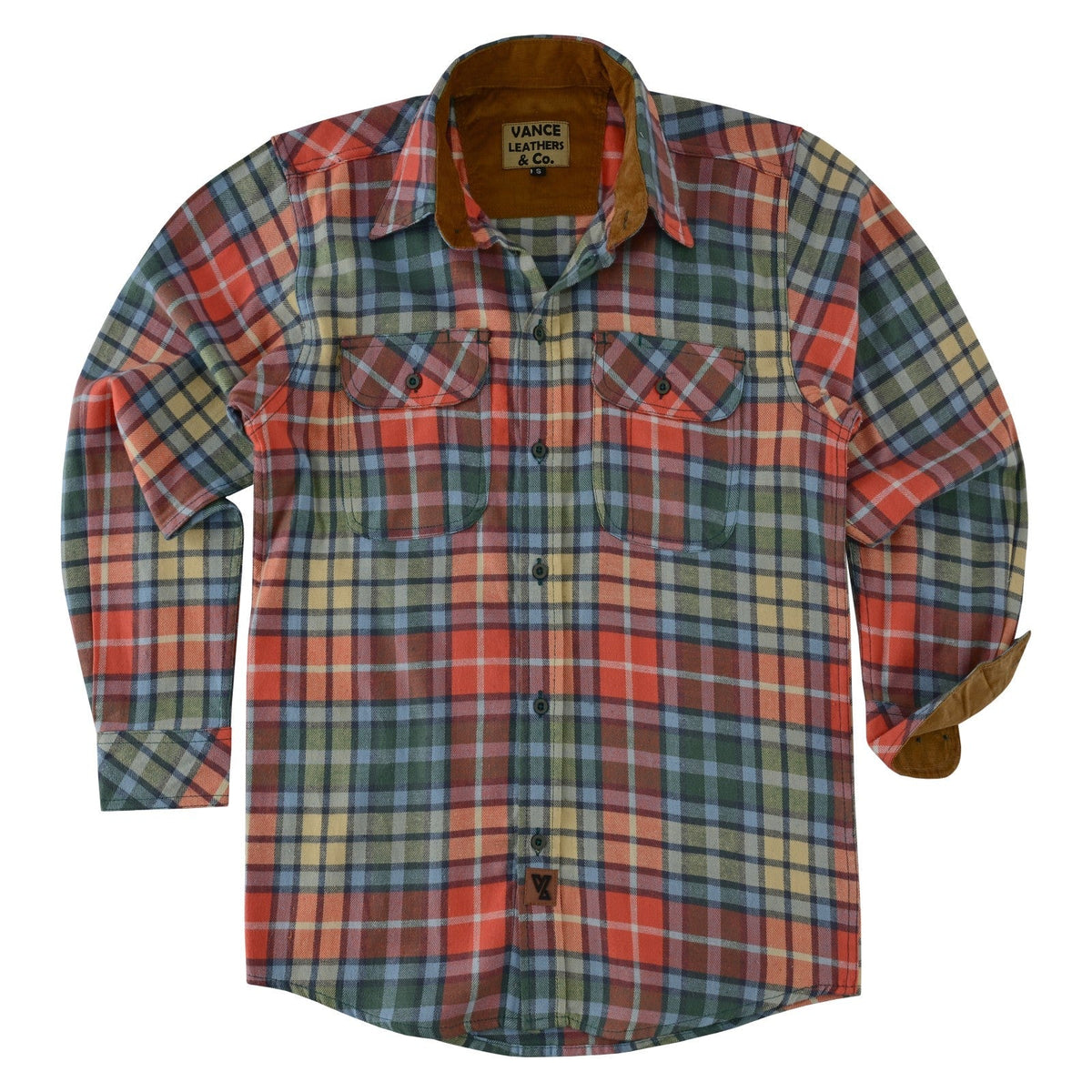 Men's Amber Color Plaid Long Sleeve Plaid Button Down Casual Flannel Shirt, 100% Cotton, Corduroy Collar & Cuffs