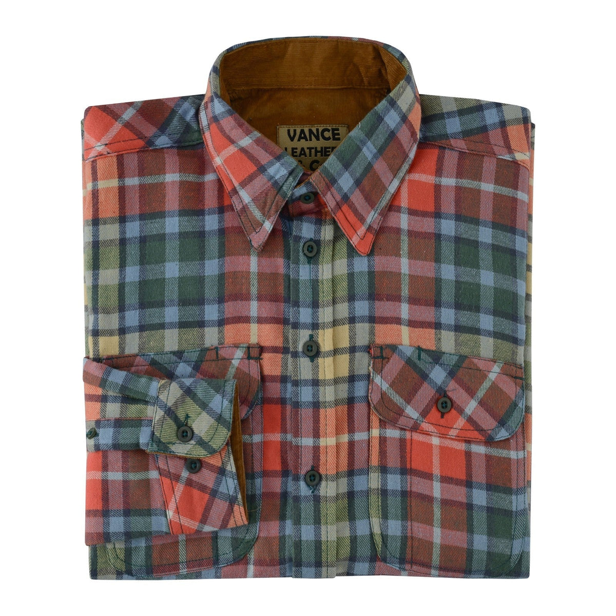 Men's Amber Color Plaid Long Sleeve Plaid Button Down Casual Flannel Shirt, 100% Cotton, Corduroy Collar & Cuffs