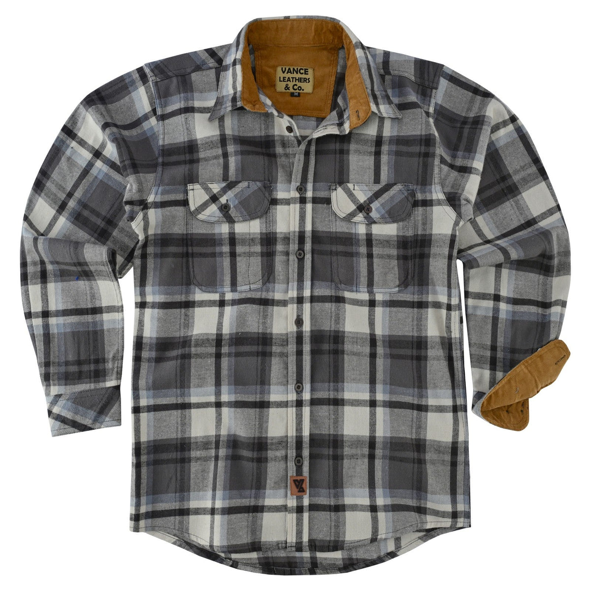 Men's Charcoal Checkered Long Sleeve Plaid Button Down Casual Flannel Shirt, 100% Cotton, Corduroy Collar & Cuffs