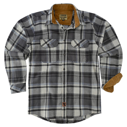 Men's Charcoal Checkered Long Sleeve Plaid Button Down Casual Flannel Shirt, 100% Cotton, Corduroy Collar & Cuffs