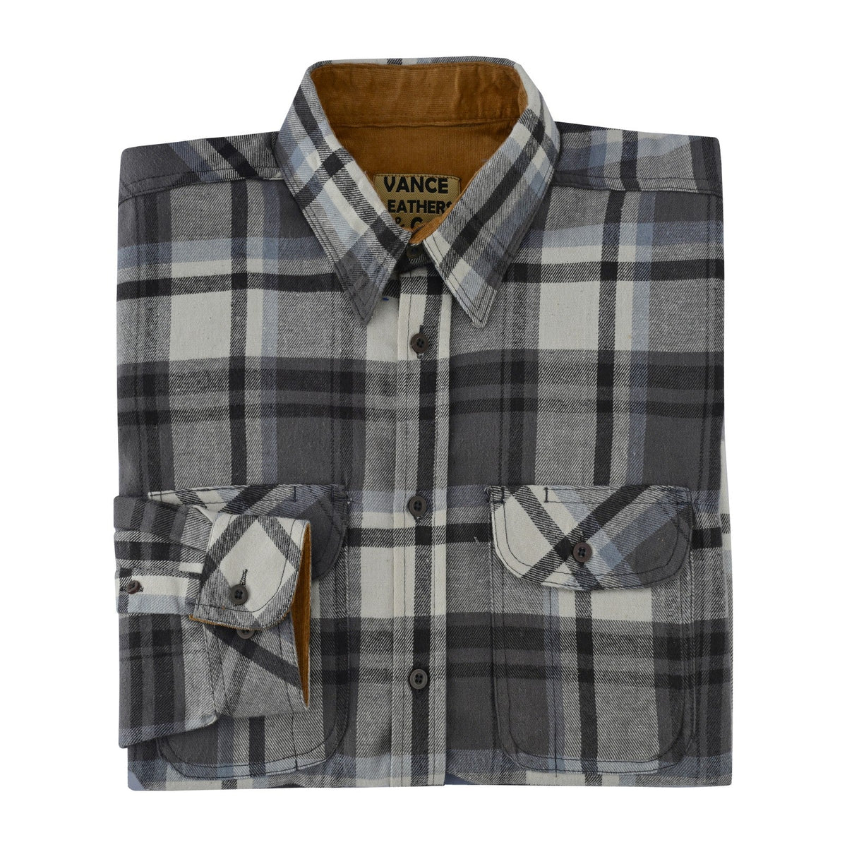 Men's Charcoal Checkered Long Sleeve Plaid Button Down Casual Flannel Shirt, 100% Cotton, Corduroy Collar & Cuffs