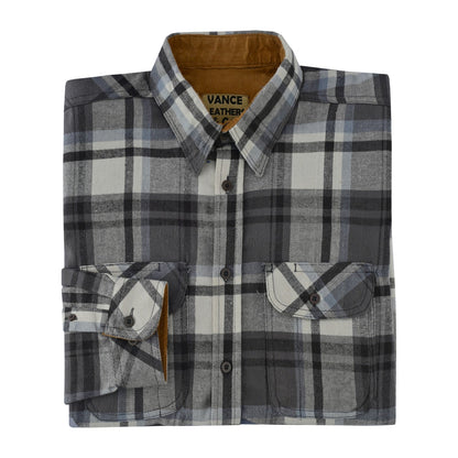 Men's Charcoal Checkered Long Sleeve Plaid Button Down Casual Flannel Shirt, 100% Cotton, Corduroy Collar & Cuffs