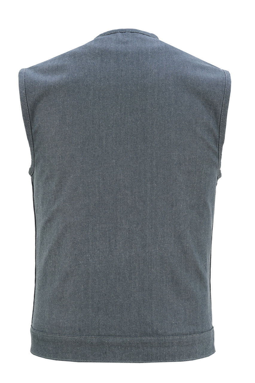 Men's Grey Denim Collarless Club Vest with Conceal Carry Pockets