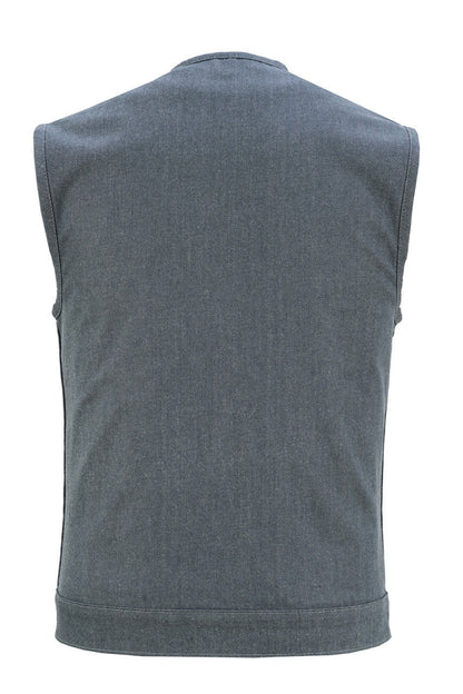Men's Grey Denim Collarless Club Vest with Conceal Carry Pockets