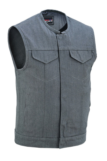 Men's Grey Denim Collarless Club Vest with Conceal Carry Pockets