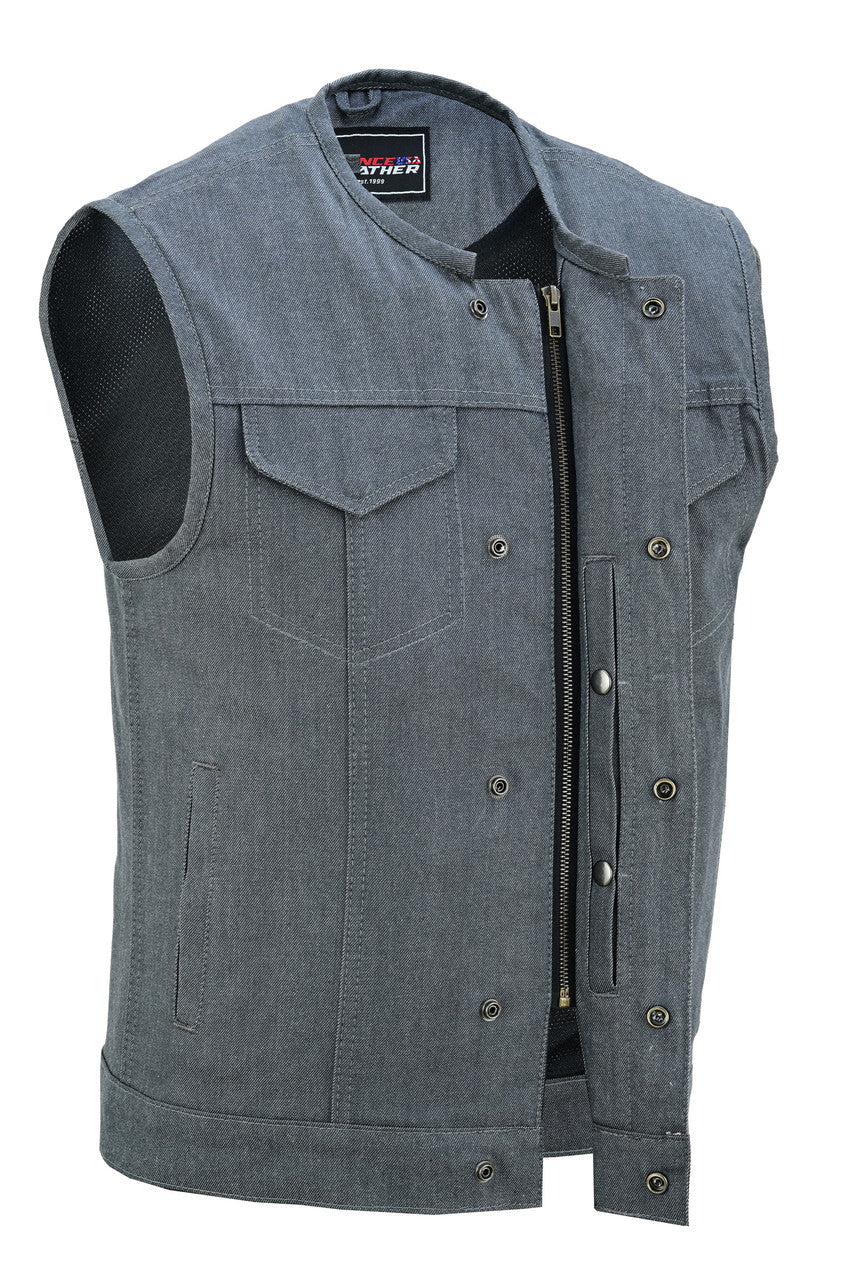 Men's Grey Denim Collarless Club Vest with Conceal Carry Pockets