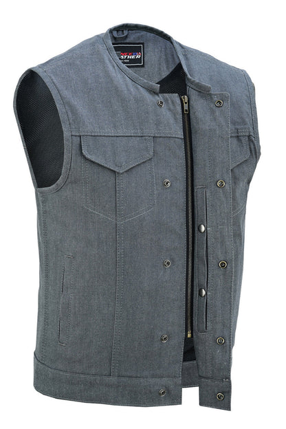 Men's Grey Denim Collarless Club Vest with Conceal Carry Pockets