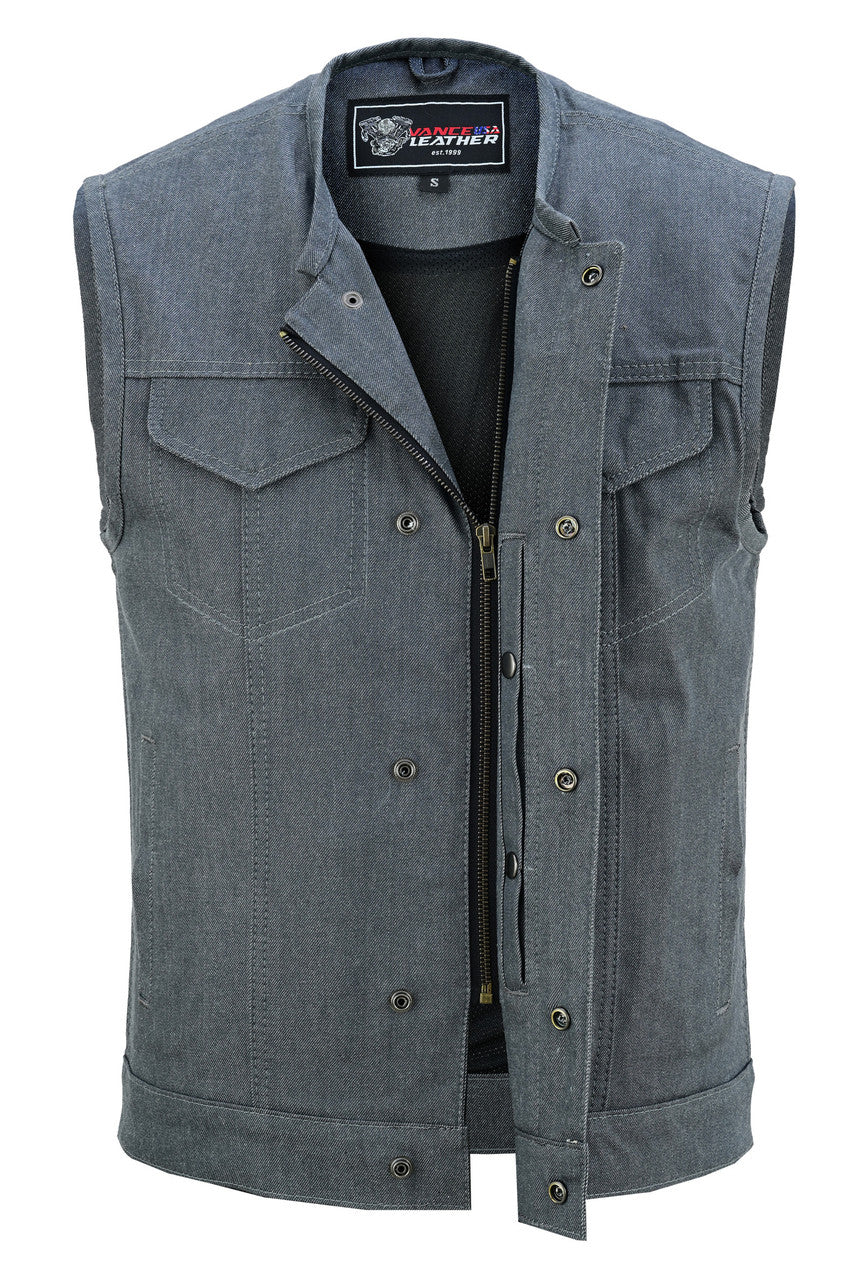 Men's Grey Denim Collarless Club Vest with Conceal Carry Pockets