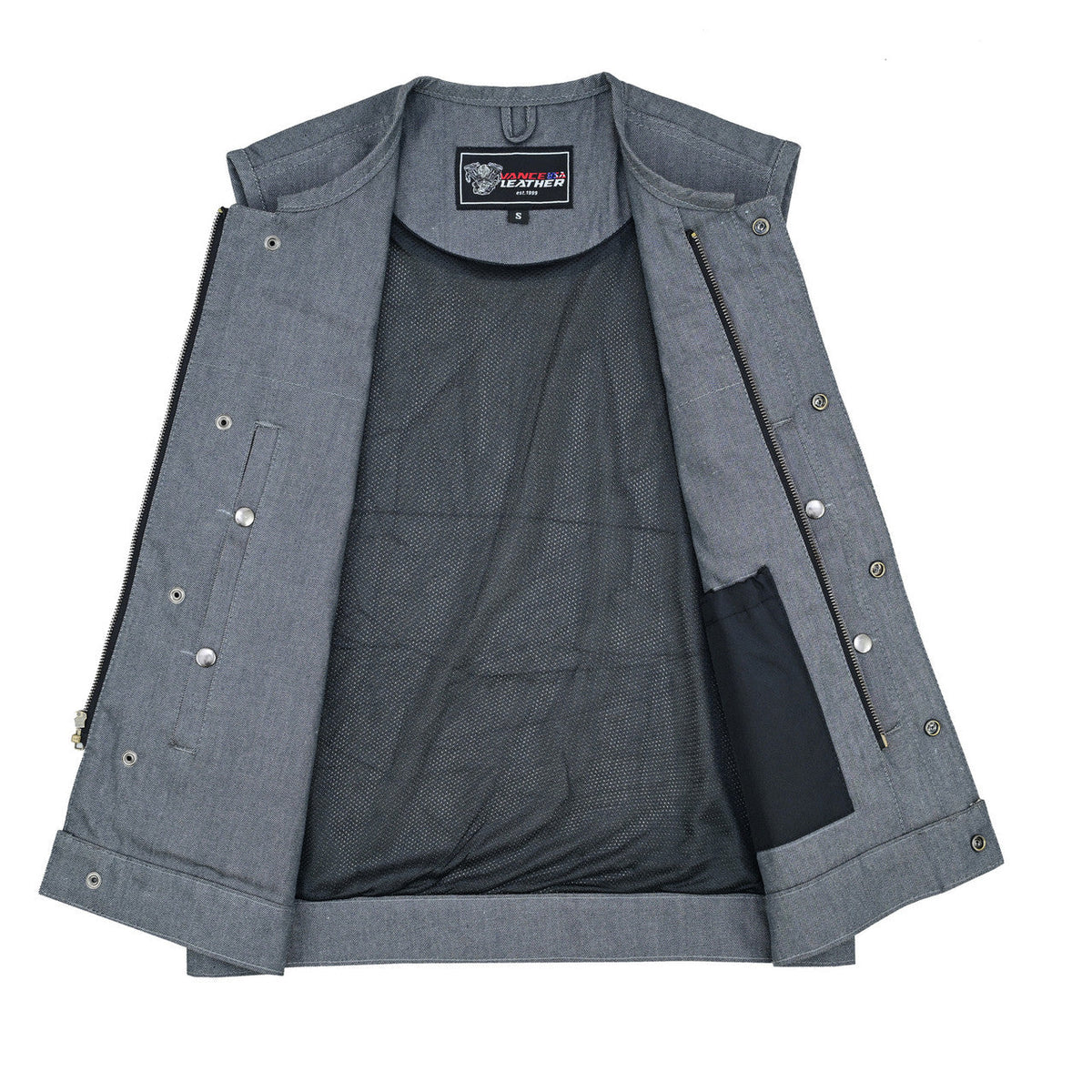 Men's Grey Denim Collarless Club Vest with Conceal Carry Pockets