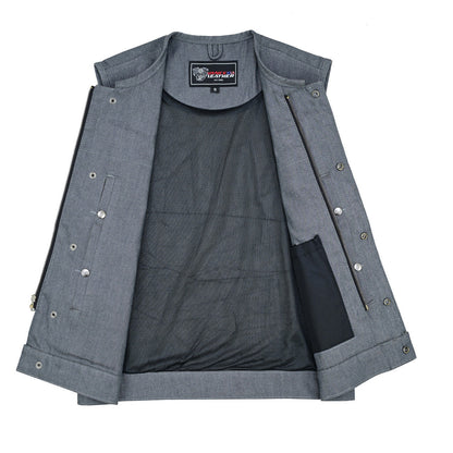 Men's Grey Denim Collarless Club Vest with Conceal Carry Pockets