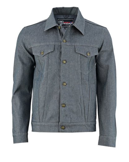 Vance Mens Grey Heavy Duty Denim Button Front Motorcycle Jacket, Jean Jacket for Men
