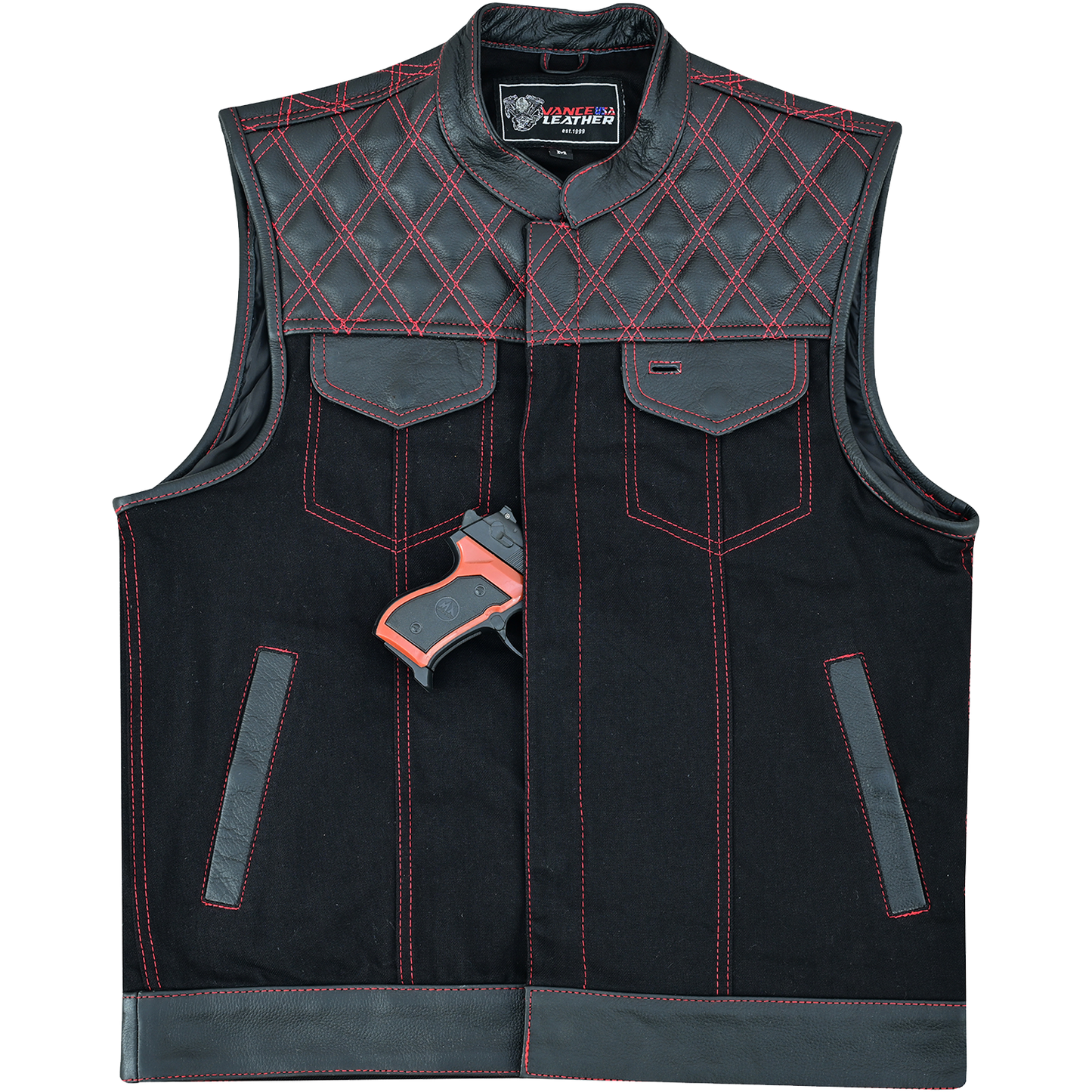 Vance Leather Men's Motorcycle Biker Club Vest w/Red Stitching