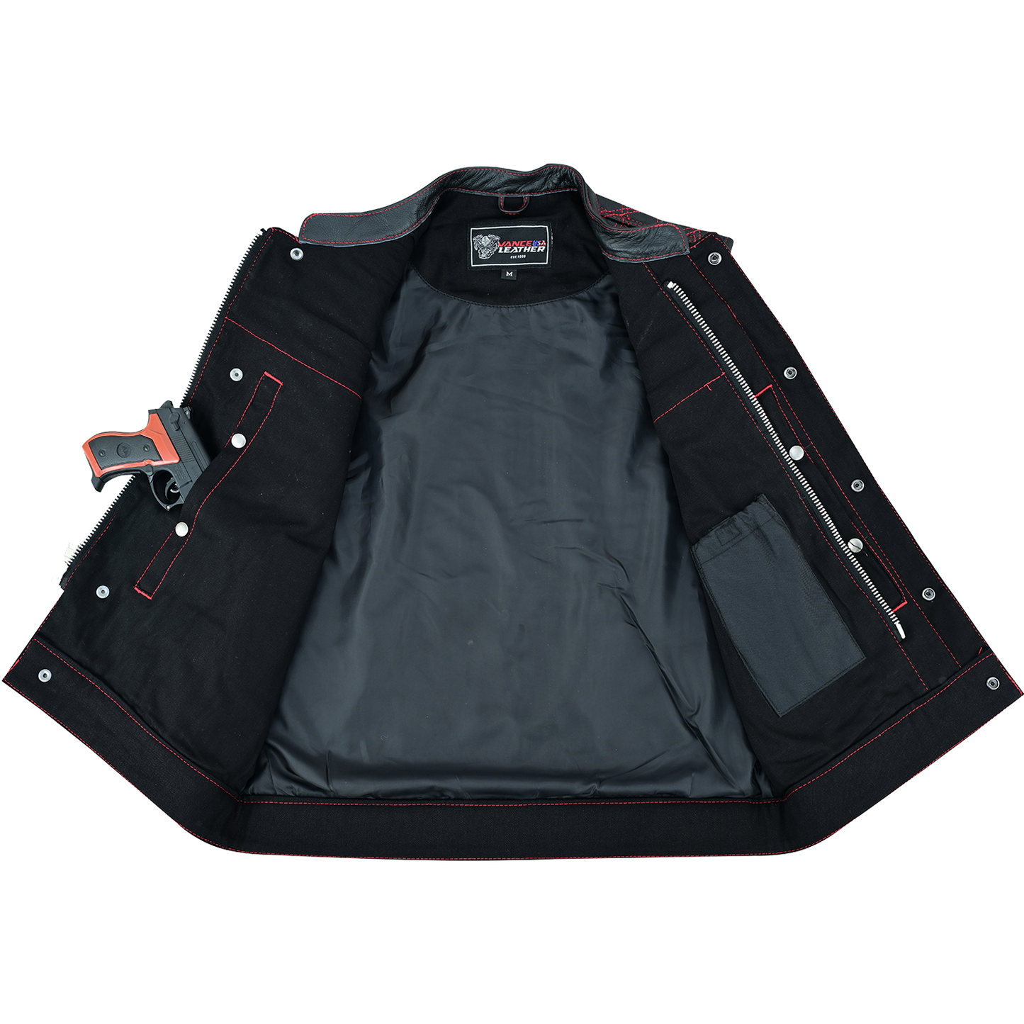 Vance Leather Men's Motorcycle Biker Club Vest w/Red Stitching