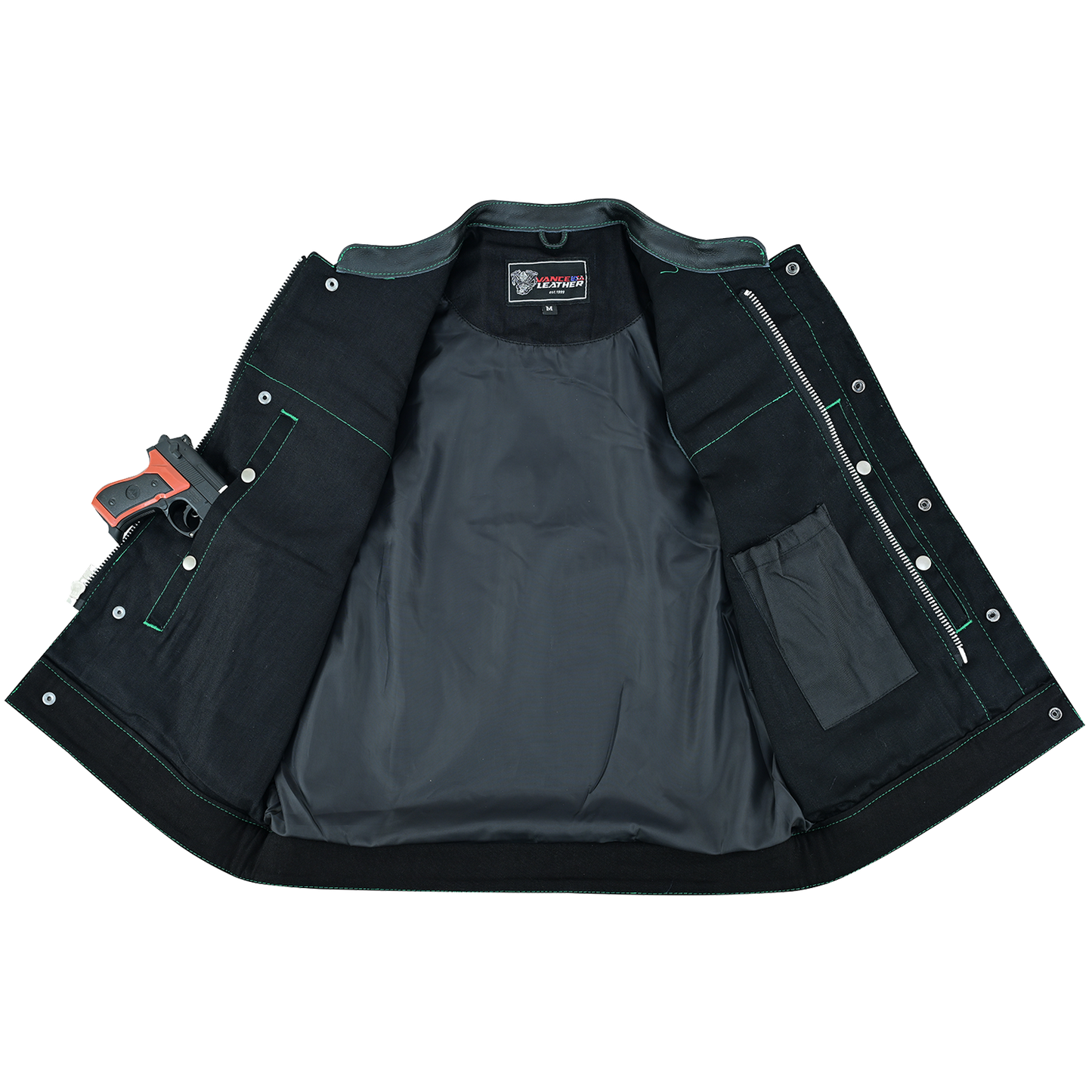 Vance Leather Men's Motorcycle Biker Club Vest w/Green Stitching