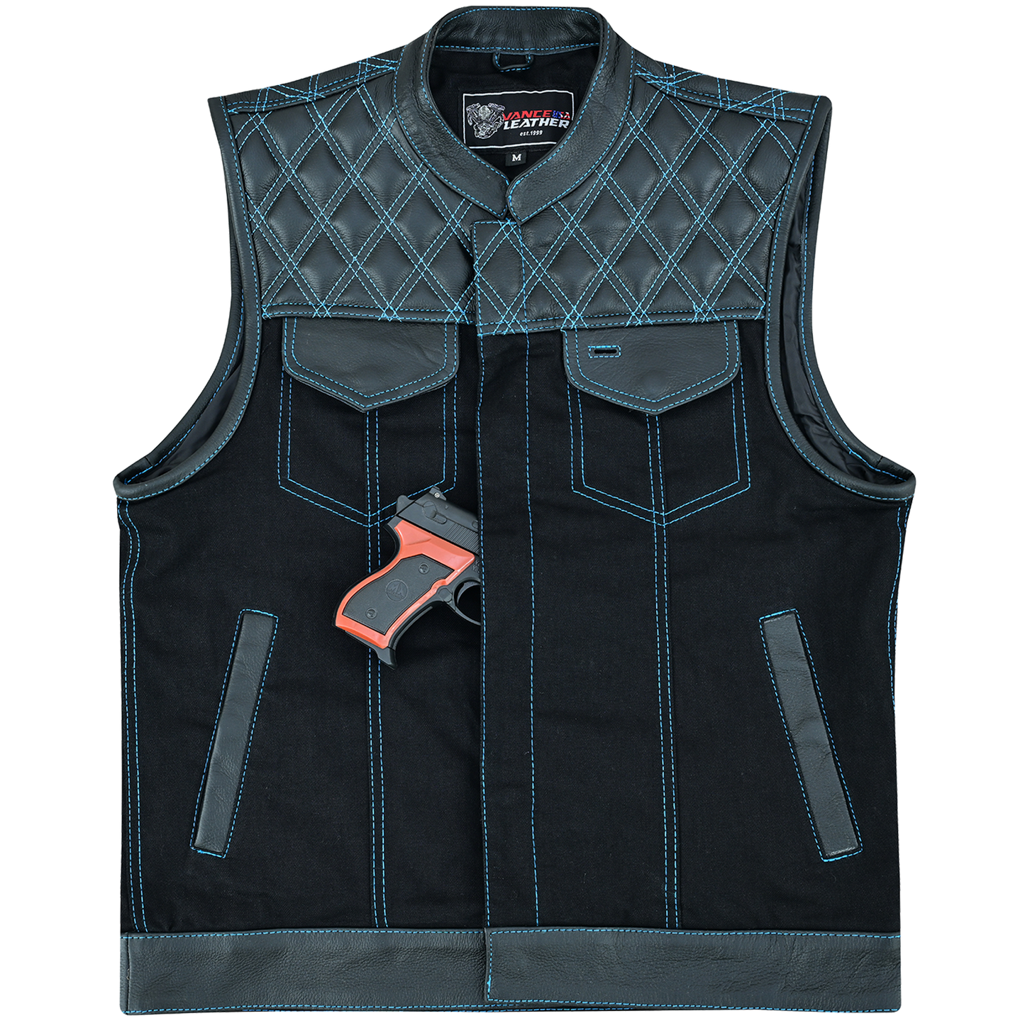 Vance Leather Men's Motorcycle Biker Club Vest w/Blue Stitching