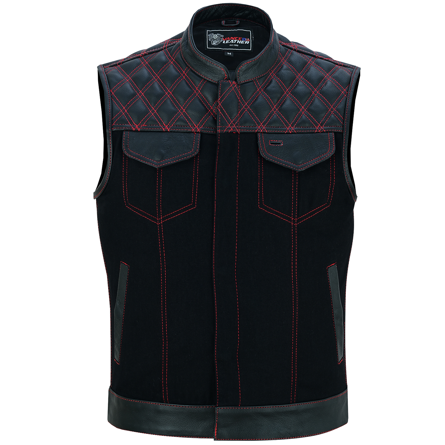 The Vance Leather Men's Motorcycle Biker Club Vest w/Red Stitching features a black sleeveless design with red stitching, diamond-patterned shoulder detailing, and two chest pockets with flaps. It’s an ideal choice for a stylish motorcycle vest.