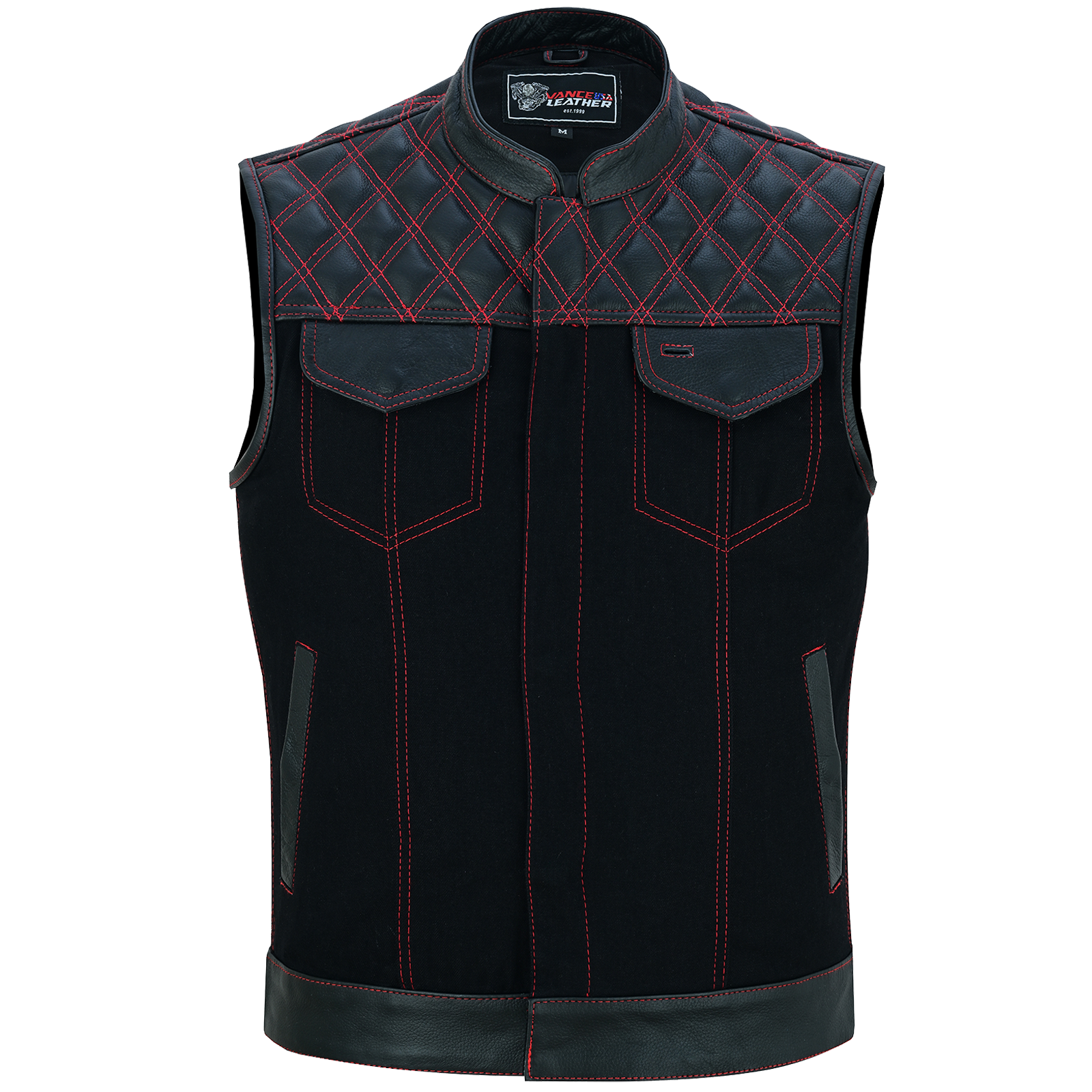 The Vance Leather Men's Motorcycle Biker Club Vest w/Red Stitching features a black sleeveless design with red stitching, diamond-patterned shoulder detailing, and two chest pockets with flaps. It’s an ideal choice for a stylish motorcycle vest.