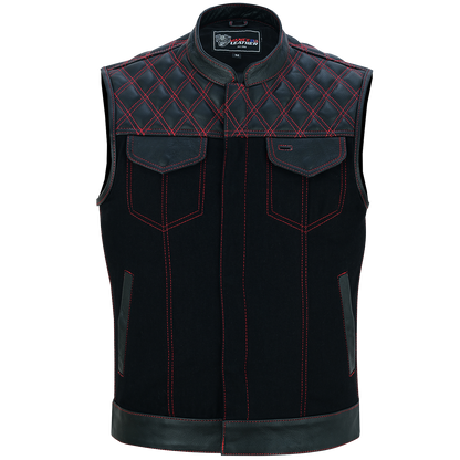 The Vance Leather Men's Motorcycle Biker Club Vest w/Red Stitching features a black sleeveless design with red stitching, diamond-patterned shoulder detailing, and two chest pockets with flaps. It’s an ideal choice for a stylish motorcycle vest.