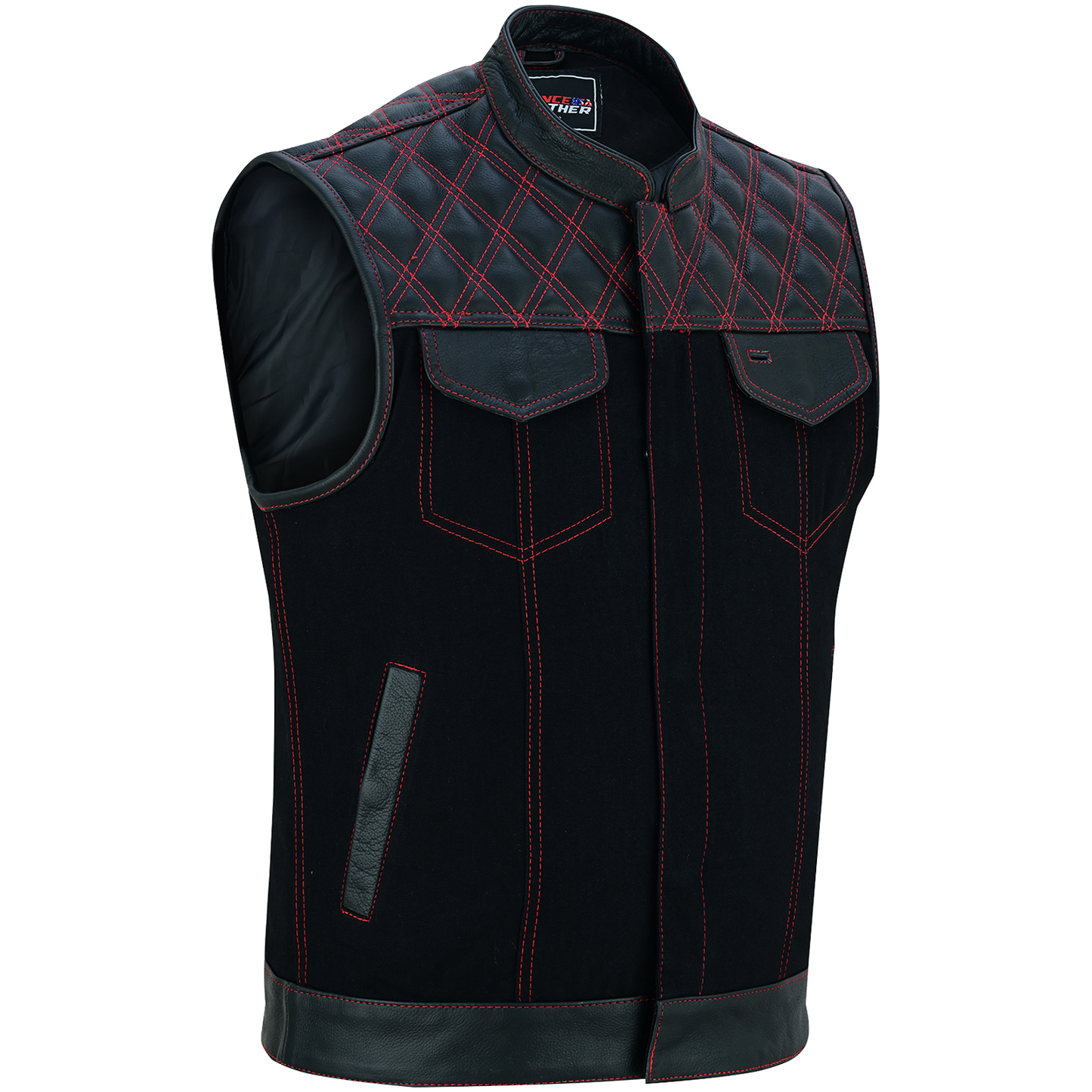 The Vance Leather Men's Motorcycle Biker Club Vest w/Red Stitching features a black sleeveless leather design with quilted shoulders, front pockets, concealed carry pockets, and a zippered closure.