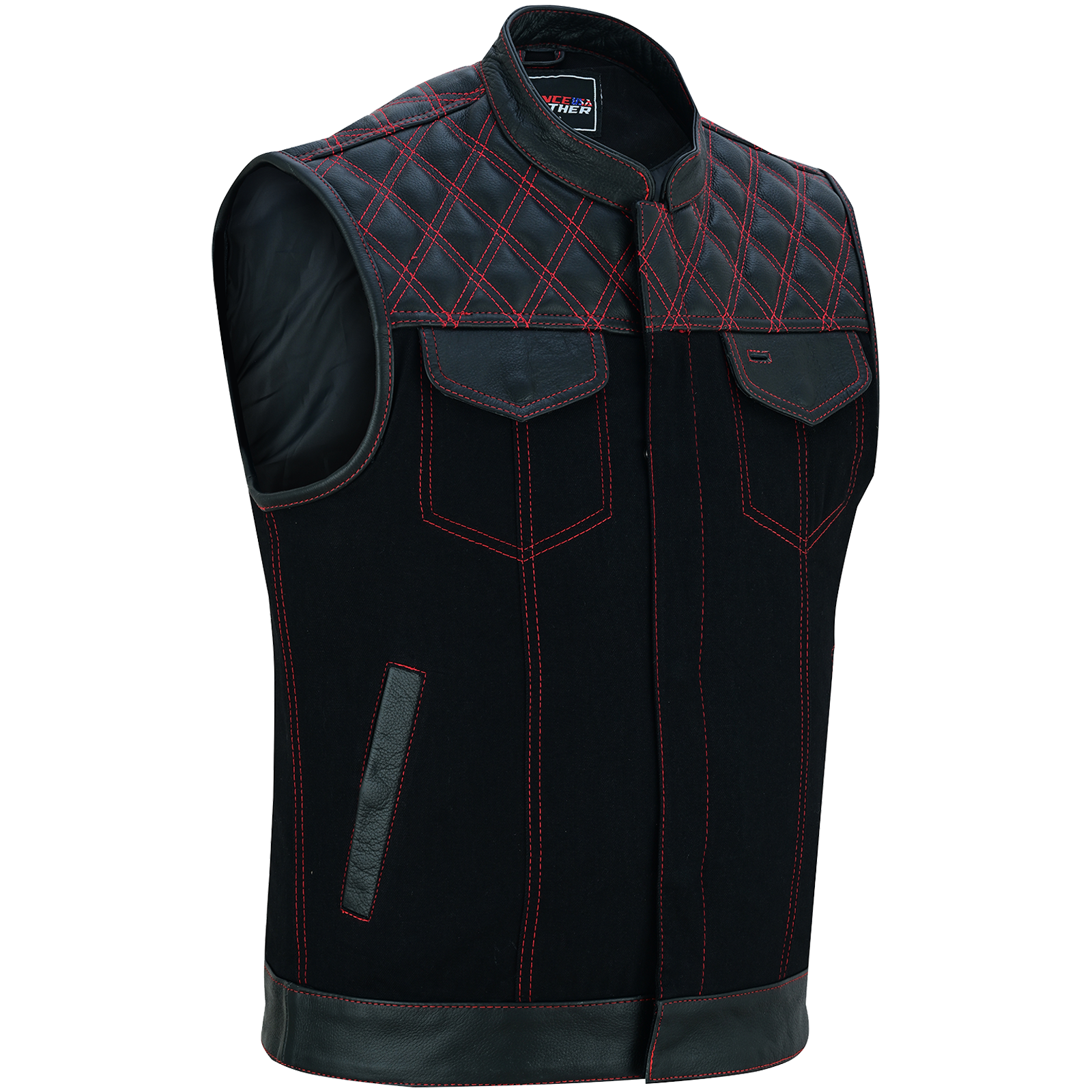 The Vance Leather Men's Motorcycle Biker Club Vest w/Red Stitching features a black sleeveless leather design with quilted shoulders, front pockets, concealed carry pockets, and a zippered closure.