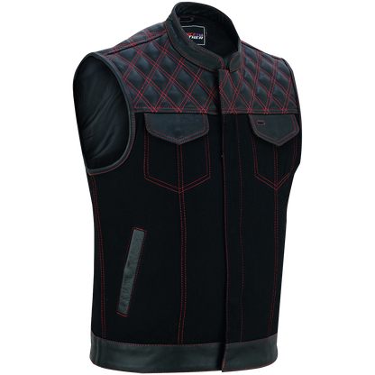The Vance Leather Men's Motorcycle Biker Club Vest w/Red Stitching features a black sleeveless leather design with quilted shoulders, front pockets, concealed carry pockets, and a zippered closure.