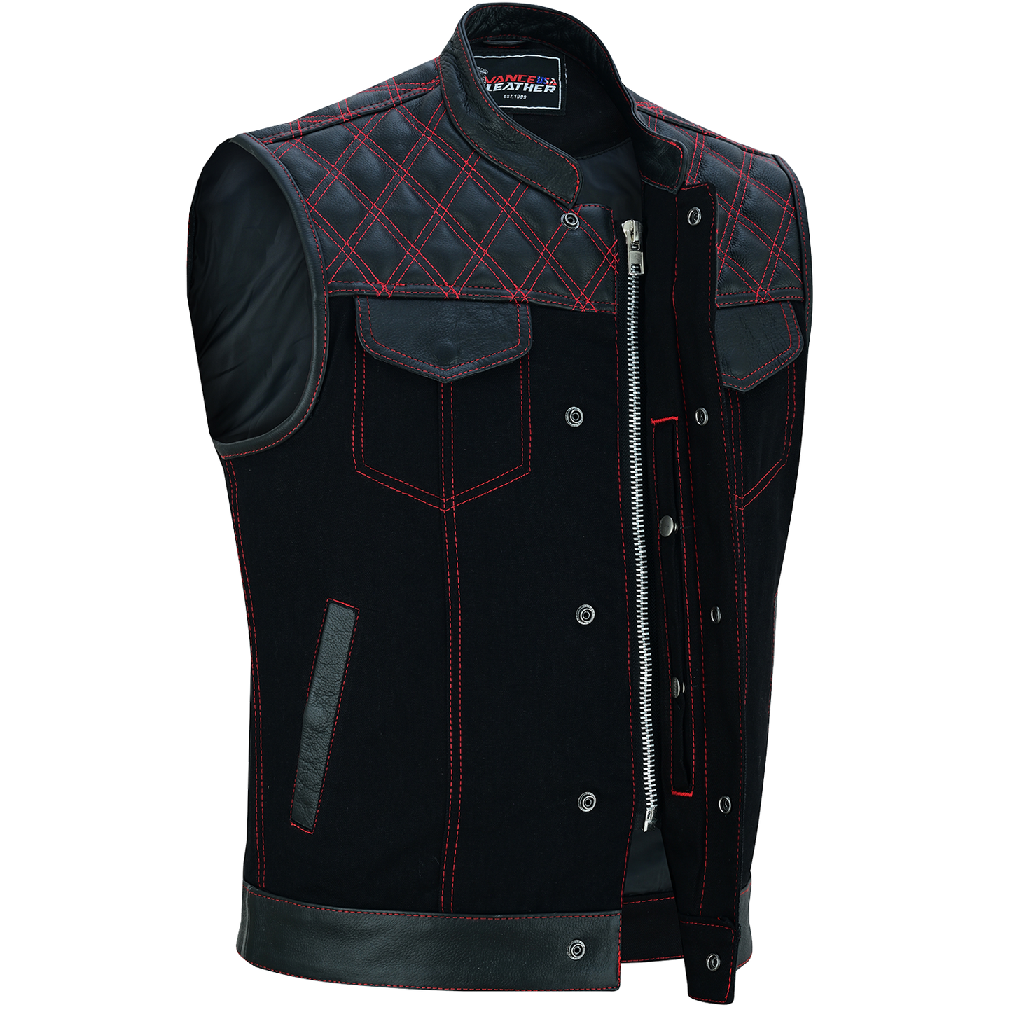Vance Leather Men's Motorcycle Biker Club Vest w/Red Stitching