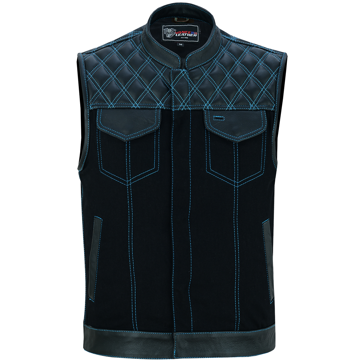 Vance Leather Men's Motorcycle Biker Club Vest w/Blue Stitching