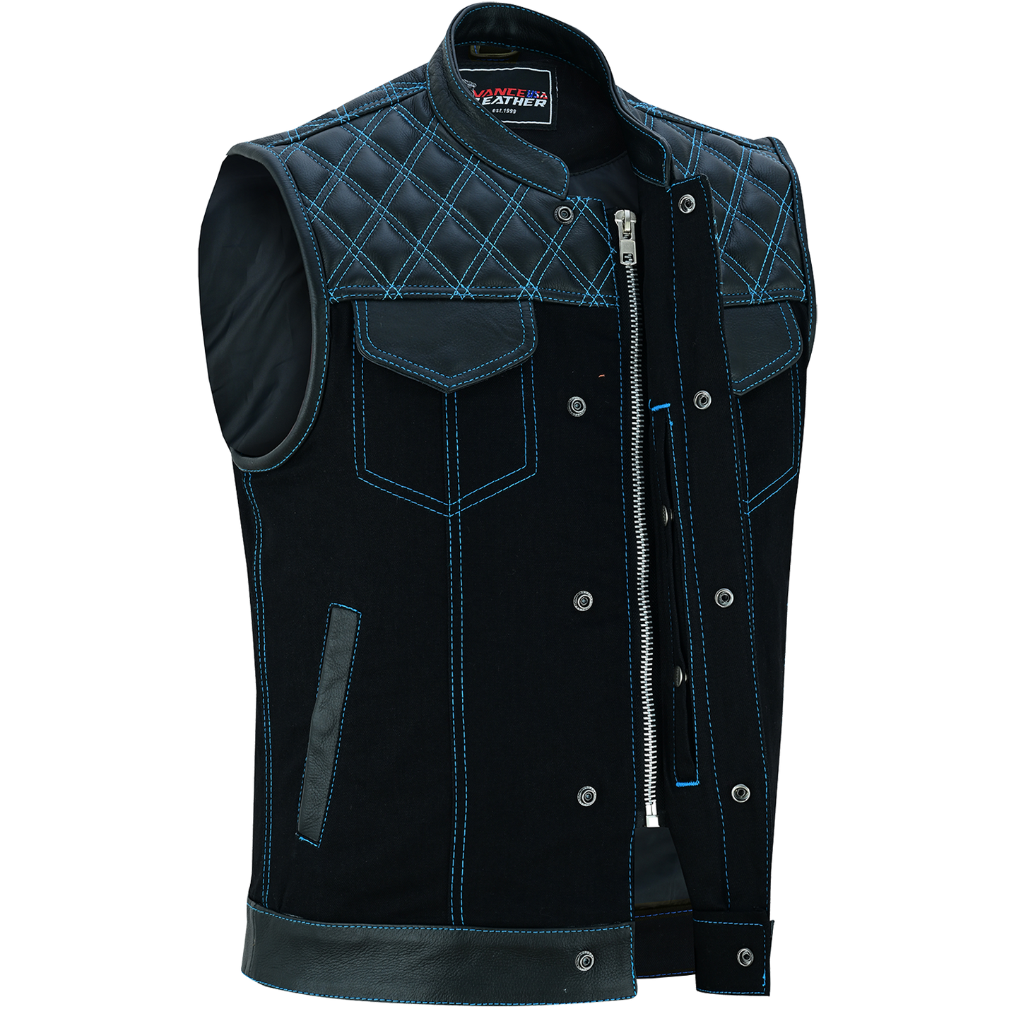 Vance Leather Men's Motorcycle Biker Club Vest w/Blue Stitching