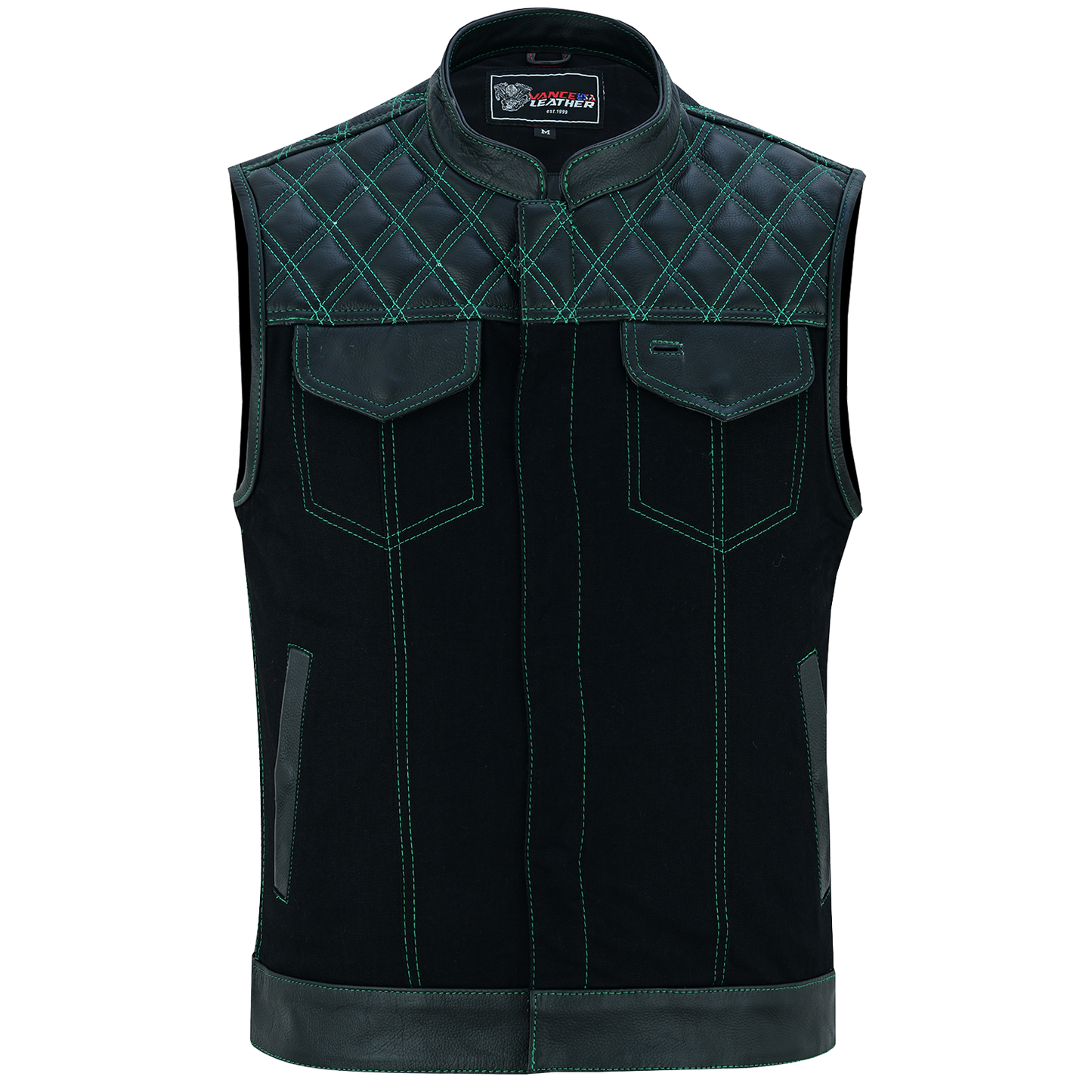 Vance Leather Men's Motorcycle Biker Club Vest w/Green Stitching