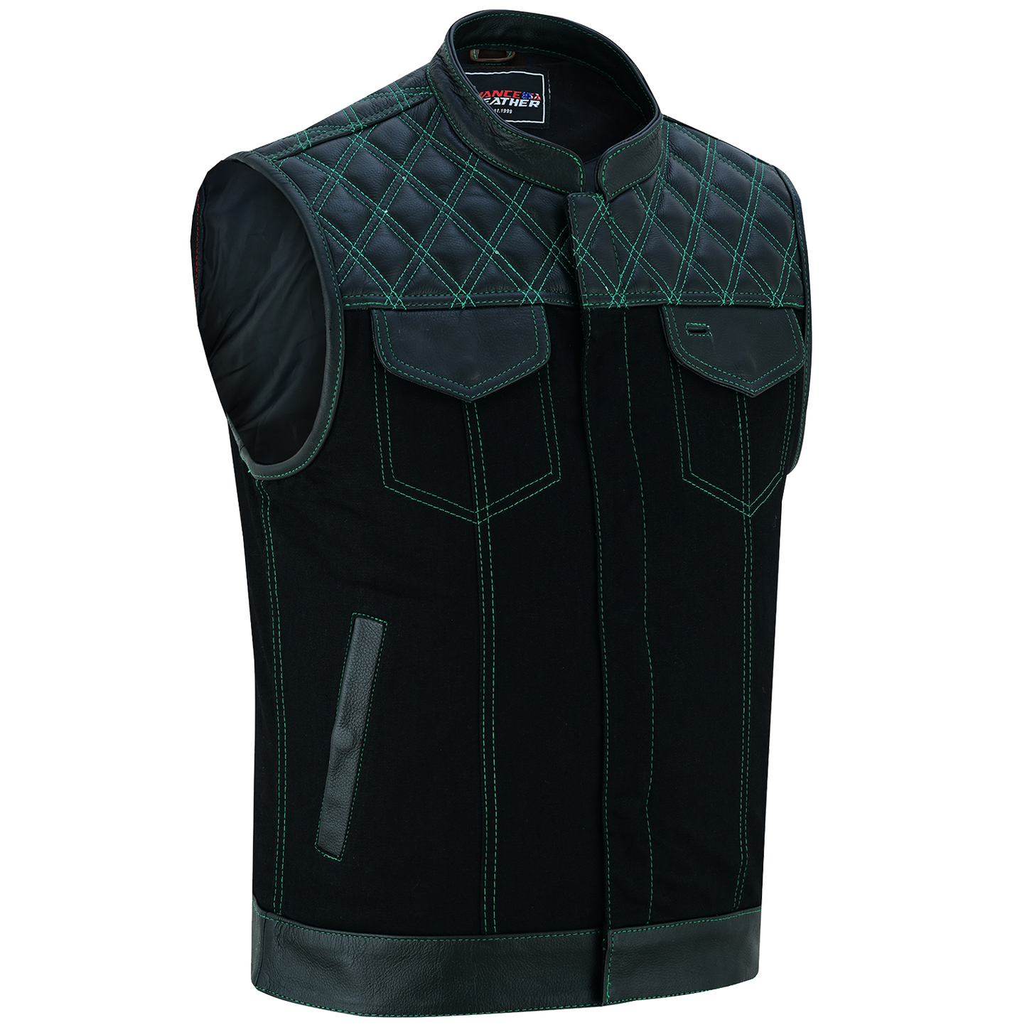 Vance Leather Men's Motorcycle Biker Club Vest w/Green Stitching