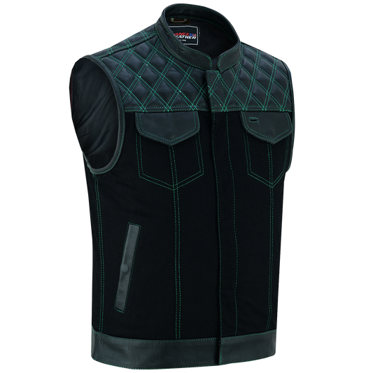 Vance Leather Men's Motorcycle Biker Club Vest w/Green Stitching