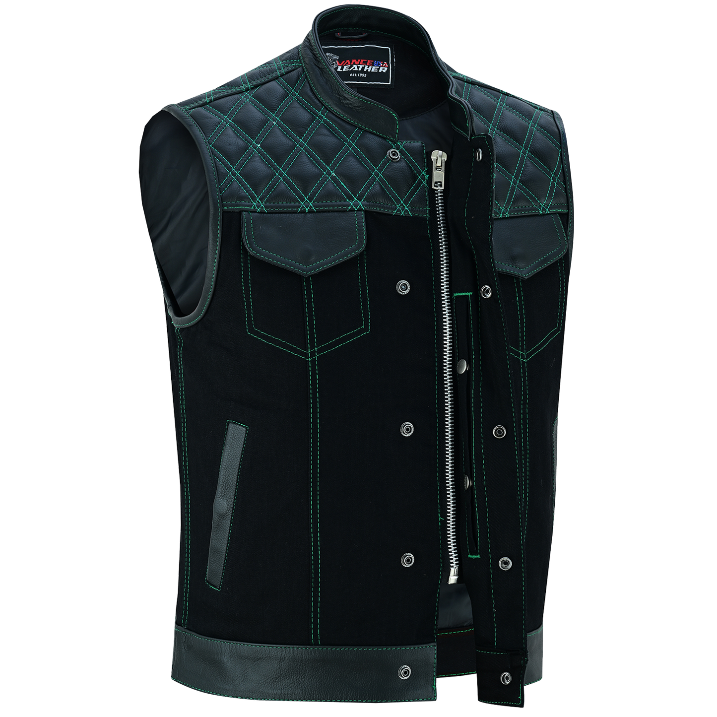 Vance Leather Men's Motorcycle Biker Club Vest w/Green Stitching