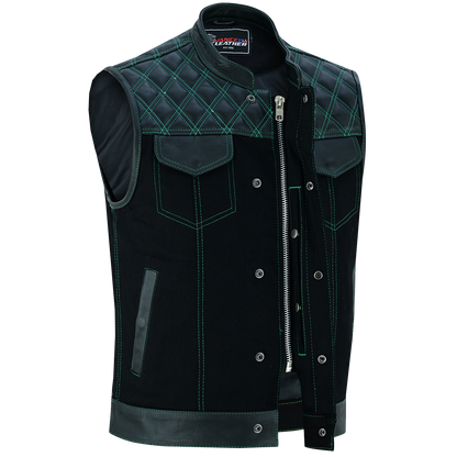 Vance Leather Men's Motorcycle Biker Club Vest w/Green Stitching