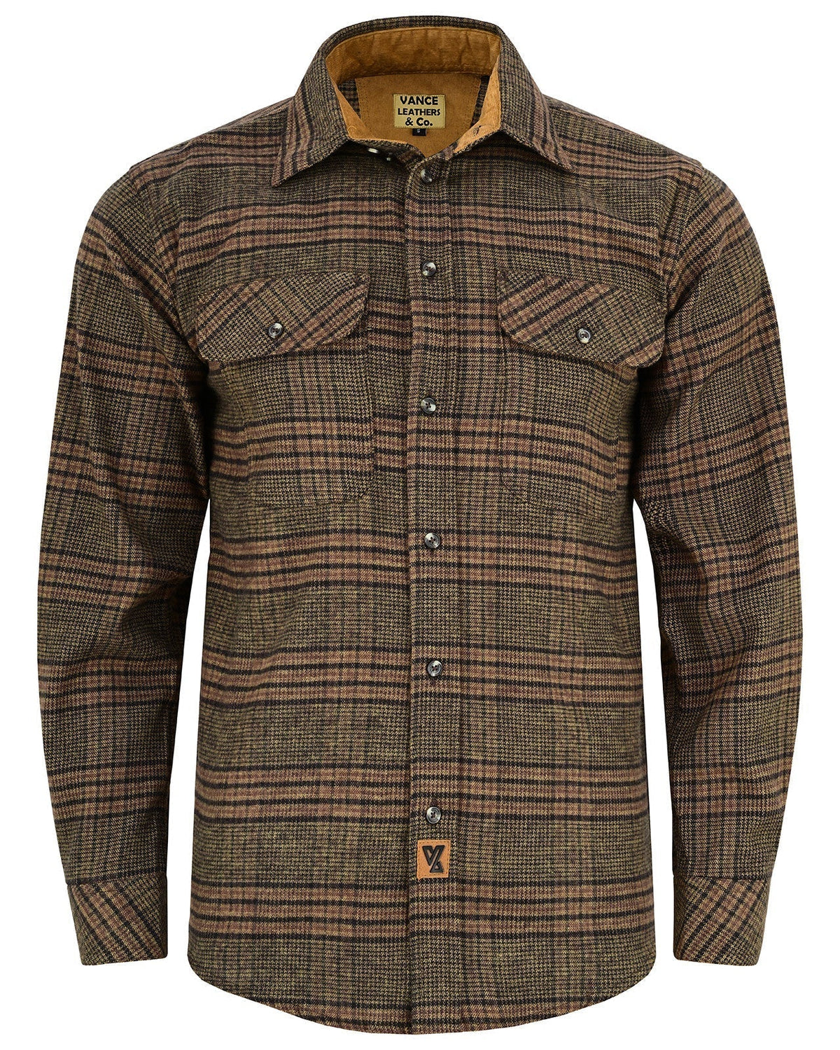 Vance Leather VB1715BRN Sequoia Men's Long Sleeve Plaid Button Down Casual Flannel Shirt, 100% Cotton, Corduroy Cuffs