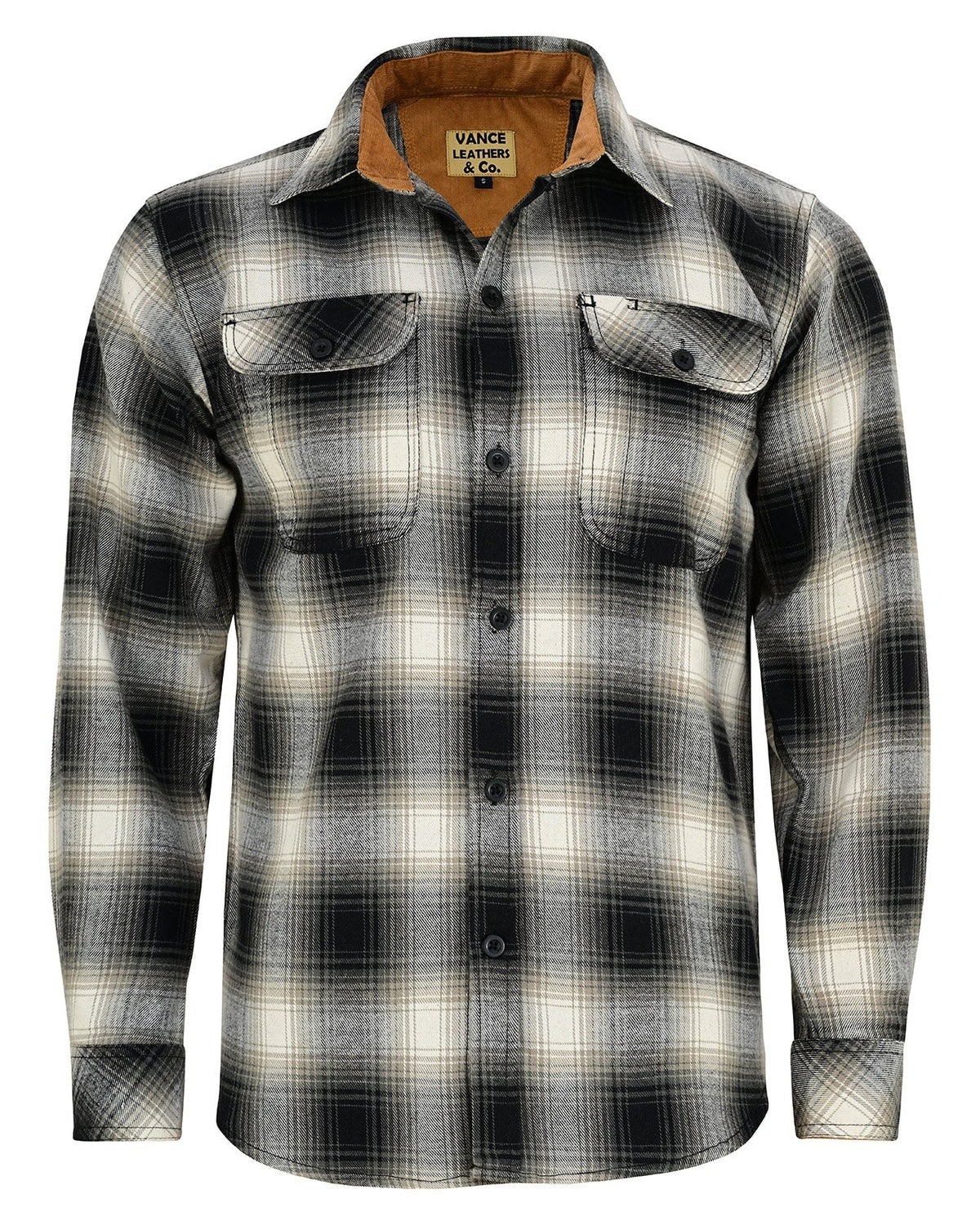 Vance Leather VB1717WGB Men's Timberwolf Long Sleeve Plaid Button Down Casual Flannel Shirt, 100% Cotton, Corduroy Cuffs