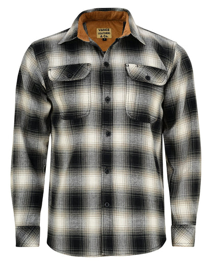 Vance Leather VB1717WGB Men's Timberwolf Long Sleeve Plaid Button Down Casual Flannel Shirt, 100% Cotton, Corduroy Cuffs