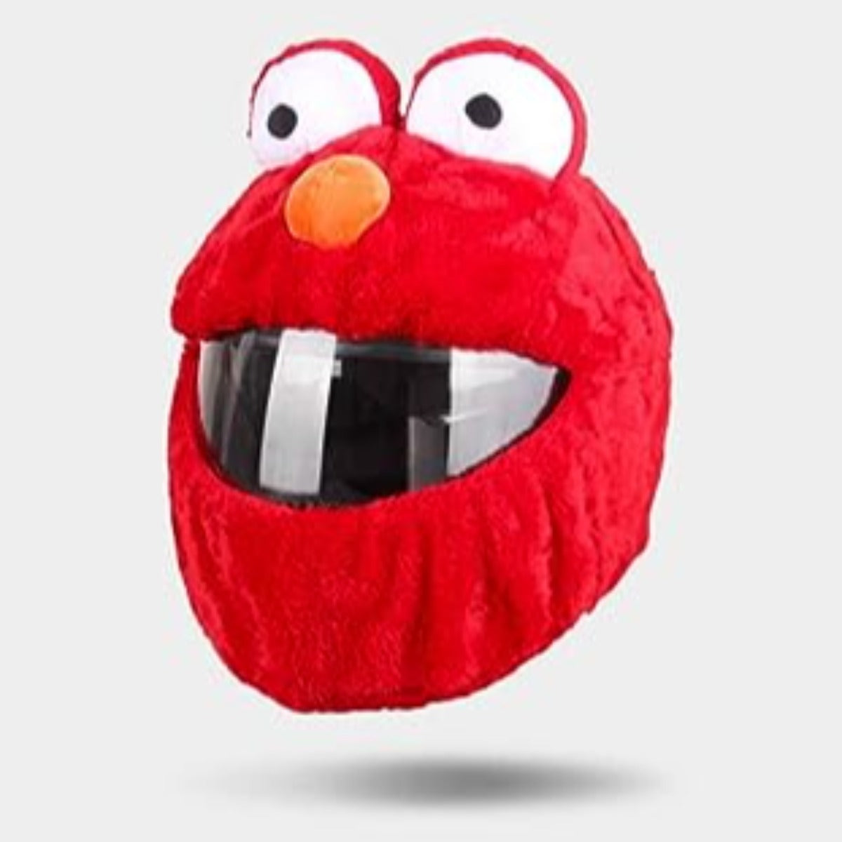 A red plush motorcycle helmet cover shaped like a cartoon character with large eyes, an orange nose, and big, white front teeth. This hilarious riding companion is sure to be an attention-grabbing addition to your gear. Introducing the Cool Motorcycle Helmet Cover - Elmo!