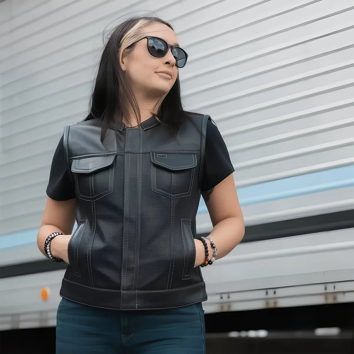 Jessica Perforated Women's Motorcycle Leather Vest Women's Perforated Leather Vest Vests