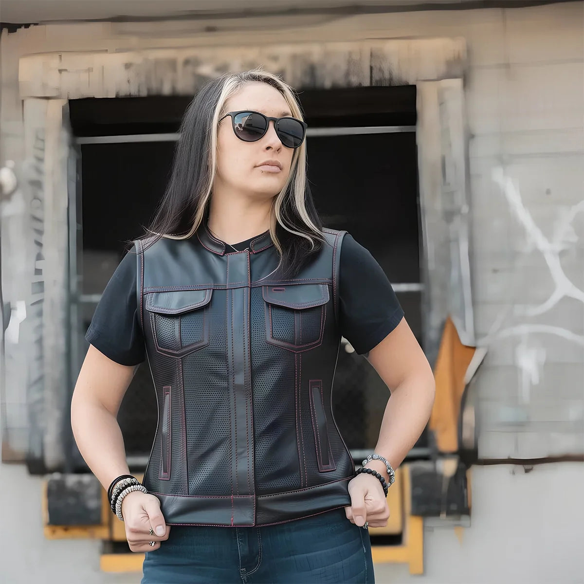 Jessica Perforated Women's Motorcycle Leather Vest Women's Perforated Leather Vest Vests
