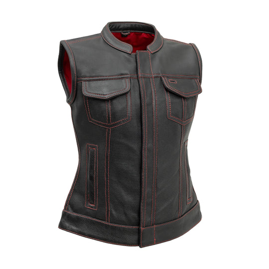 First Manufacturing Jessica - Women's Motorcycle Perforated Leather Vest, Black/Red