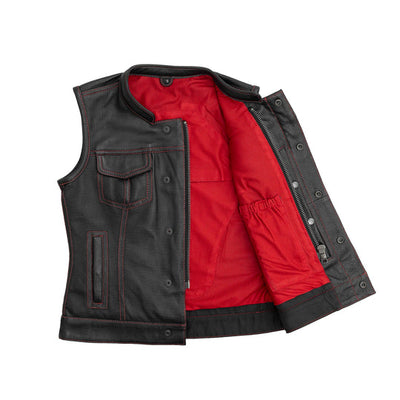 First Manufacturing Jessica - Women's Motorcycle Perforated Leather Vest, Black/Red