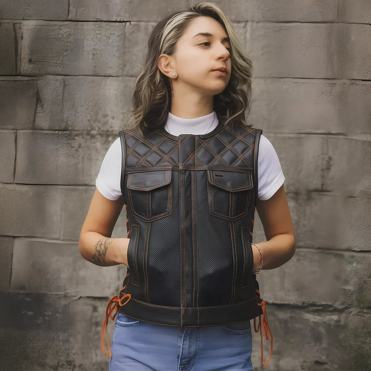 Bonnie Perforated Women's Motorcycle Leather Vest Women's Perforated Leather Vest Vests