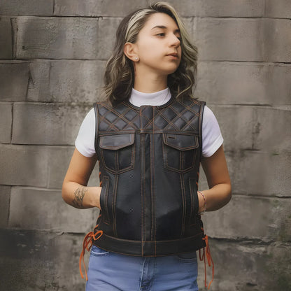 Bonnie Perforated Women's Motorcycle Leather Vest Women's Perforated Leather Vest Vests