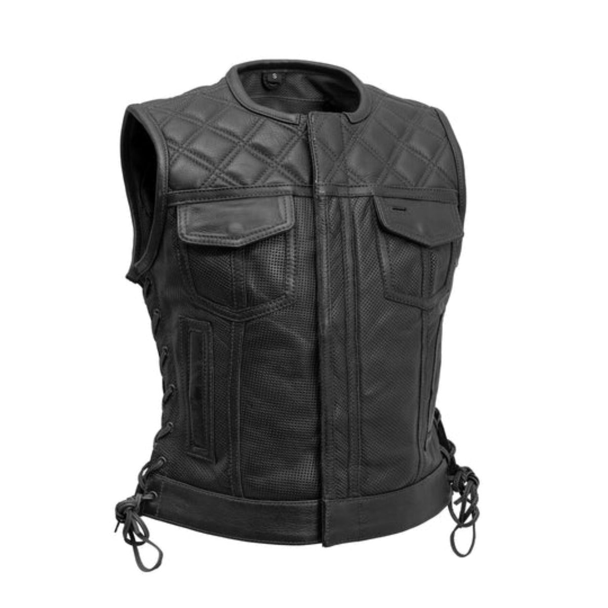 First Manufacturing Bonnie - Women's Motorcycle Perforated Leather Vest, Black